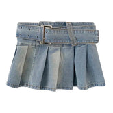 Low Rise Belted Denim Mini Skirt