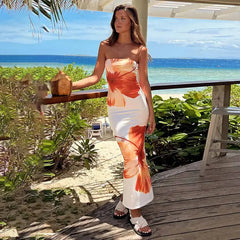 فستان شاطئ مكشوف الكتفين بطبعة زهور للنساء