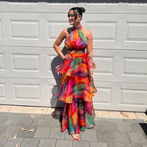 طقم توب مطبوع بدون أكمام وتنورة نصفية بكشكشة