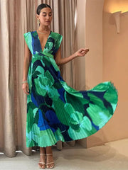 فستان أنيق بطبعة عنق V وأكمام طويلة للنساء