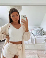 طقم بيجامة نسائي من 3 قطع من الصوف الناعم المريح