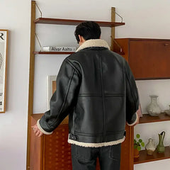 جاكيت رجالي من الجلد من فرو الحمل، مرقع لفصل الخريف