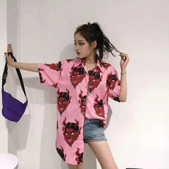 Pink Demon Head Print Tidal Shirt