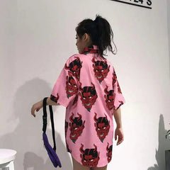 Pink Demon Head Print Tidal Shirt