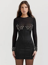 فستان قصير مرقع بأحجار الراين للنساء