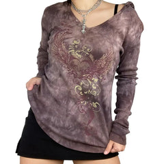 تي شيرت قصير الأكمام برسومات قوطية جرونجية وأكمام طويلة