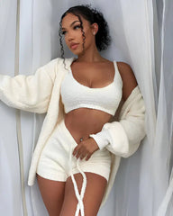 طقم بيجامة نسائي من 3 قطع من الصوف الناعم المريح