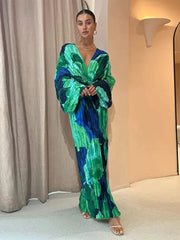 فستان أنيق بطبعة عنق V وأكمام طويلة للنساء