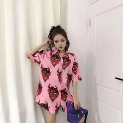 Pink Demon Head Print Tidal Shirt