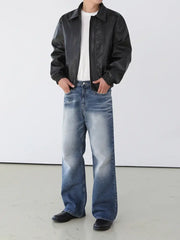 سترة كورية من الجلد الصناعي بسحاب