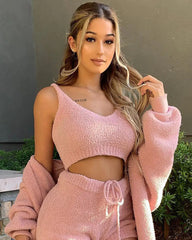 طقم بيجامة نسائي من 3 قطع من الصوف الناعم المريح