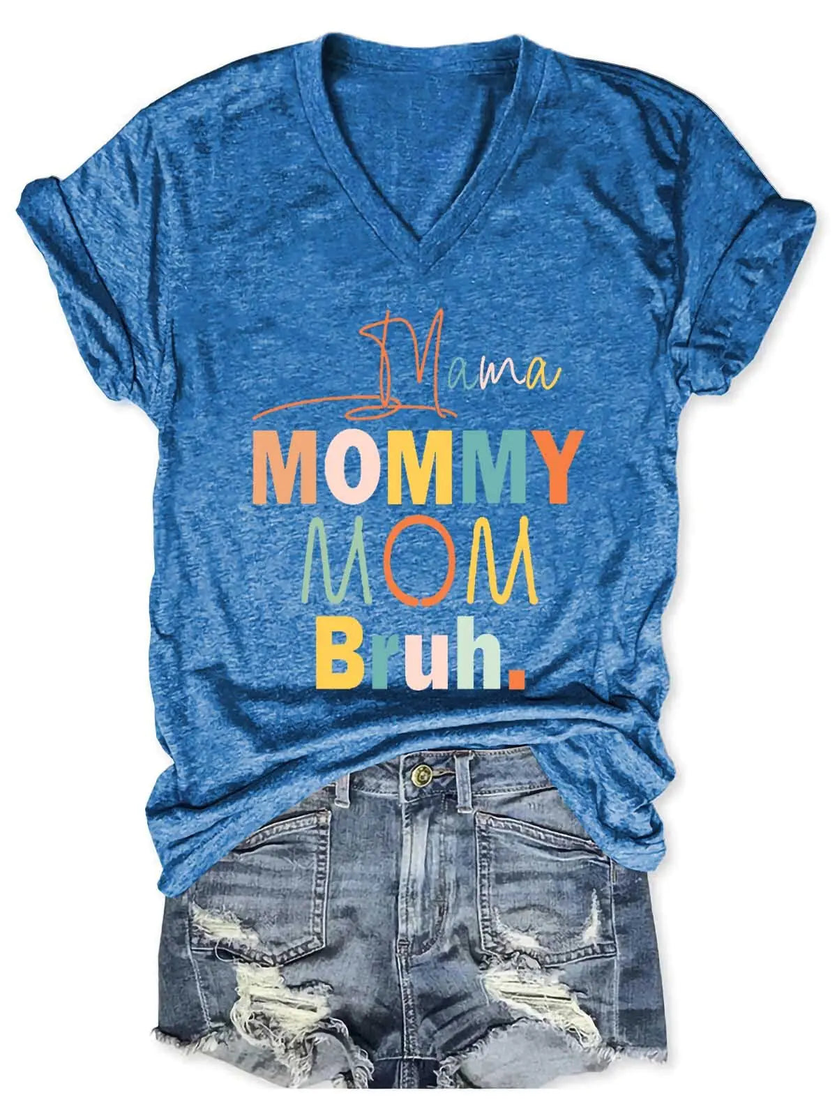 تي شيرت نسائي بفتحة رقبة على شكل حرف V مطبوع عليه Mama Mommy Mom Bruh