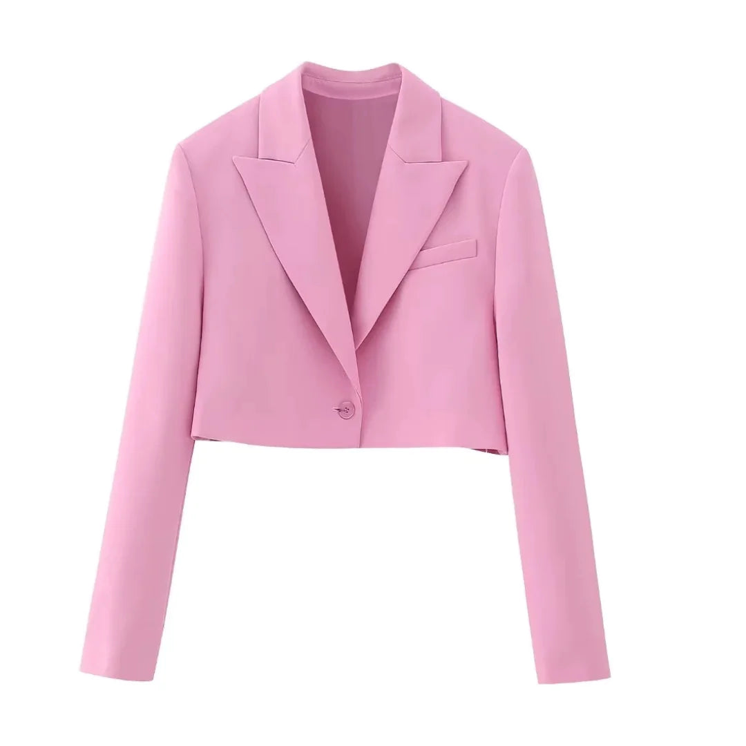 Fashion Pink Solid Single Button Cropped Blazer