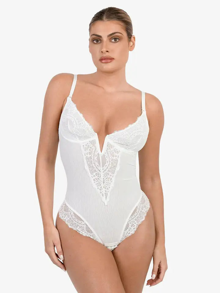 Deep V-Neck Lace Thong Bodysuit