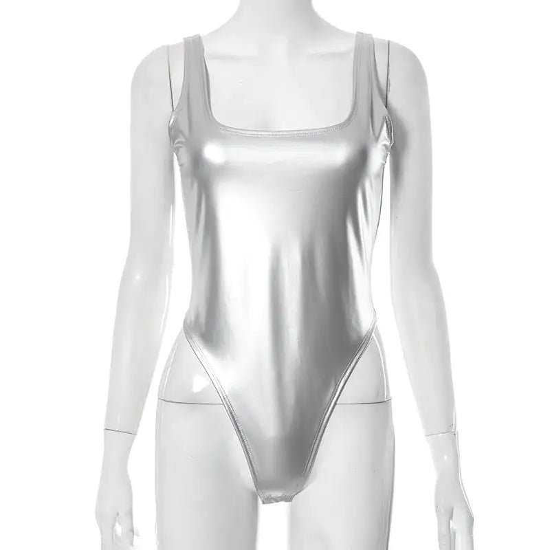 Shine On Sleeveless Faux Leather Metallic Bodysuit