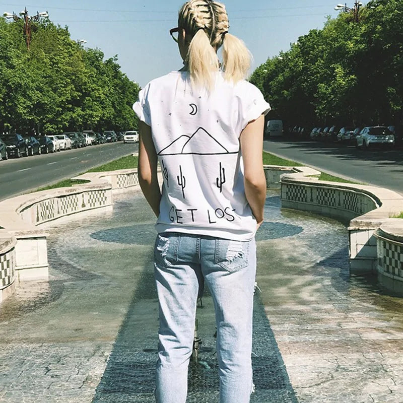 تي شيرت مطبوع عليه عبارة Get Lost Fashion Desert Cactus