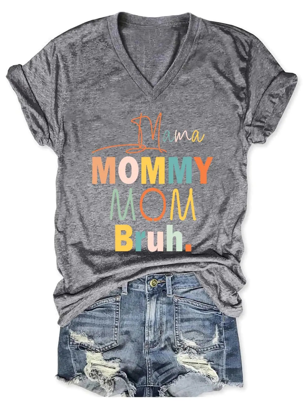 تي شيرت نسائي بفتحة رقبة على شكل حرف V مطبوع عليه Mama Mommy Mom Bruh