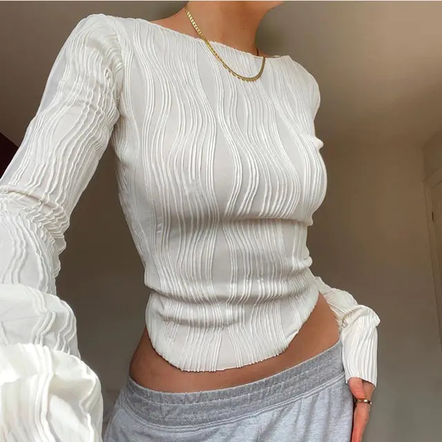 تي شيرت بأكمام طويلة كاجوال أبيض ضيق أسود أساسي