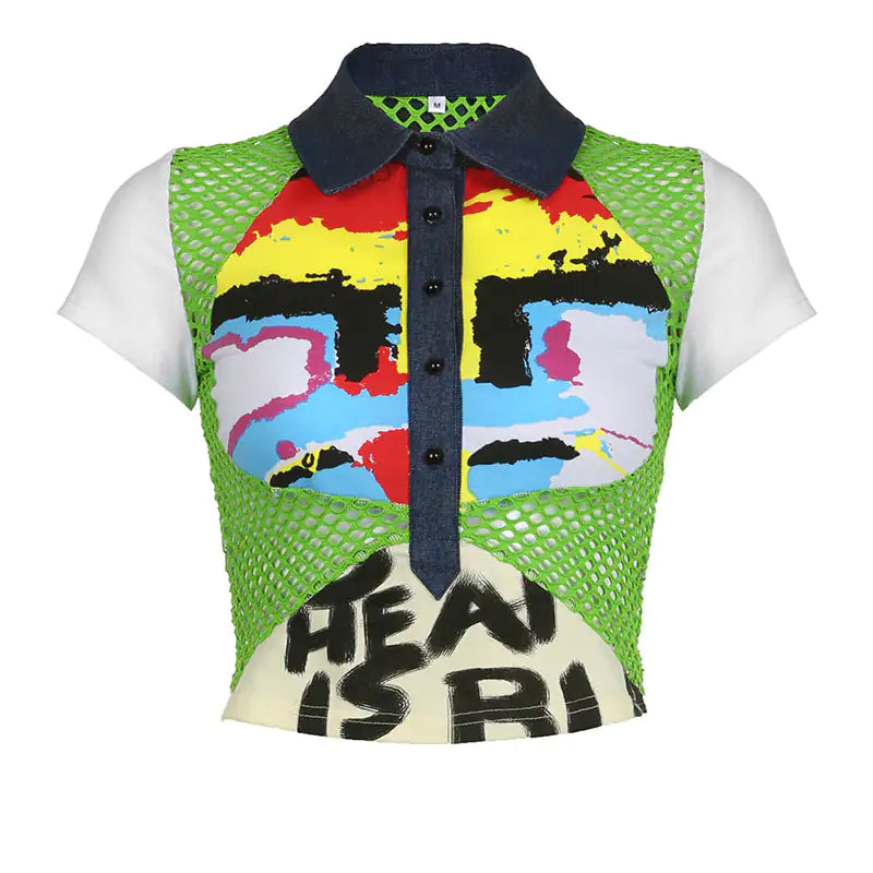 Mesh Around And Find Out Graffiti Button Polo Crop Top