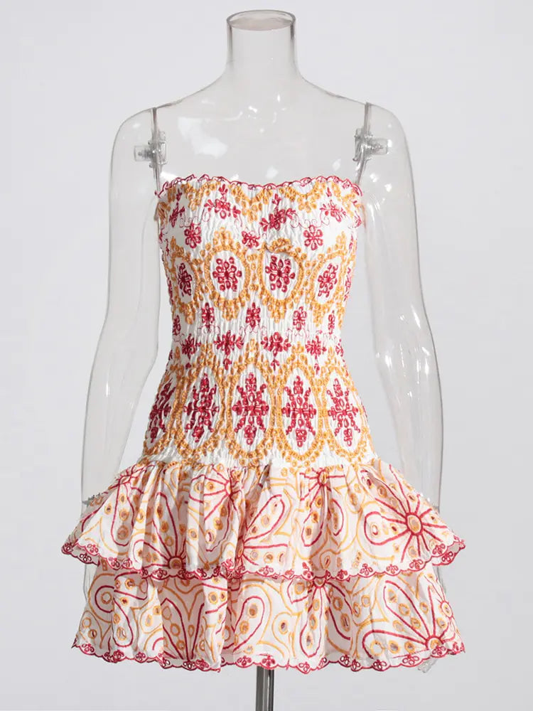 Strapless Embroidery Print Dress