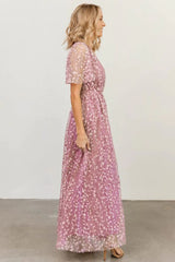 Pink Embossed Wrap V Neck Maxi Dress