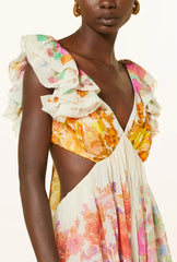 فستان ماكسي أنيق بطبعات الأزهار الملونة