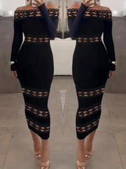 Black Lace Off-Shoulder Long Sleeve Midi Dress