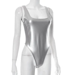 Shine On Sleeveless Faux Leather Metallic Bodysuit