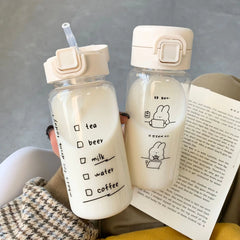 Creative Cartoon Water Bottle with Straw Cute Plastic Drinking Bottle Portable Leak-proof Drinkware for Drinking Milk Coffee Tea