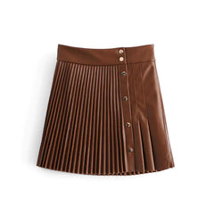 Faux Leather Mini Pleated Button Detail Skirt