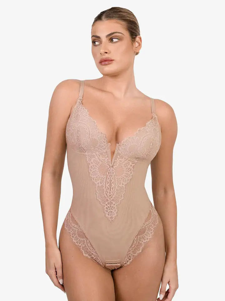 Deep V-Neck Lace Thong Bodysuit