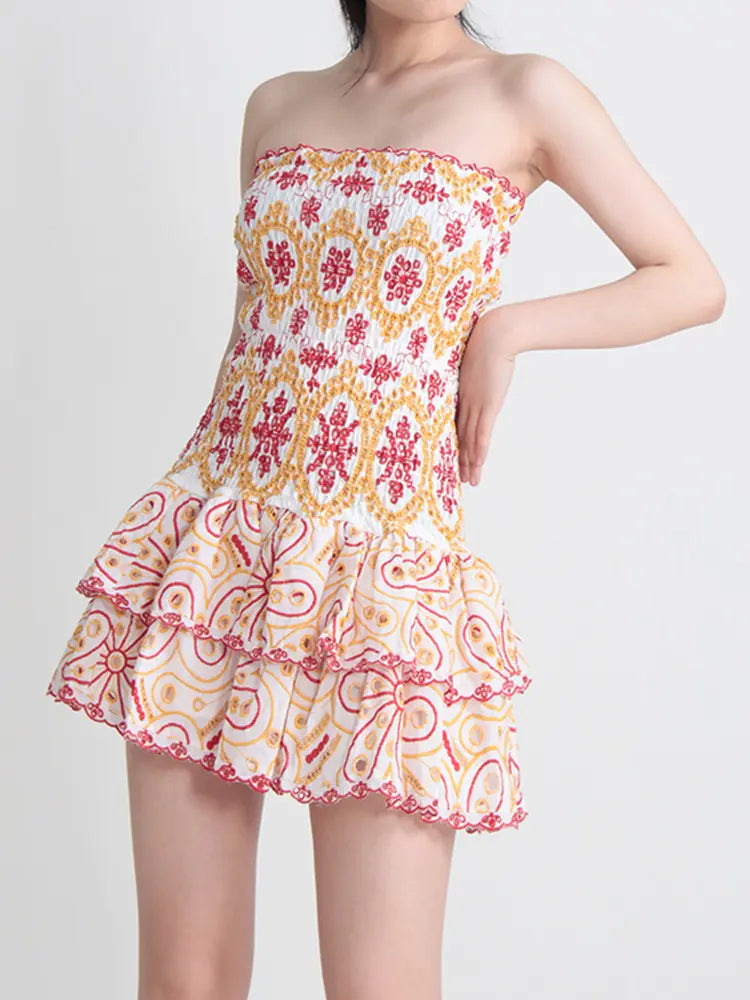 Strapless Embroidery Print Dress