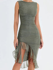 Sleeveless Tulle Ruffle Hem Midi Dress