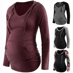 Women Maternity Hoodies Striped V-Neck