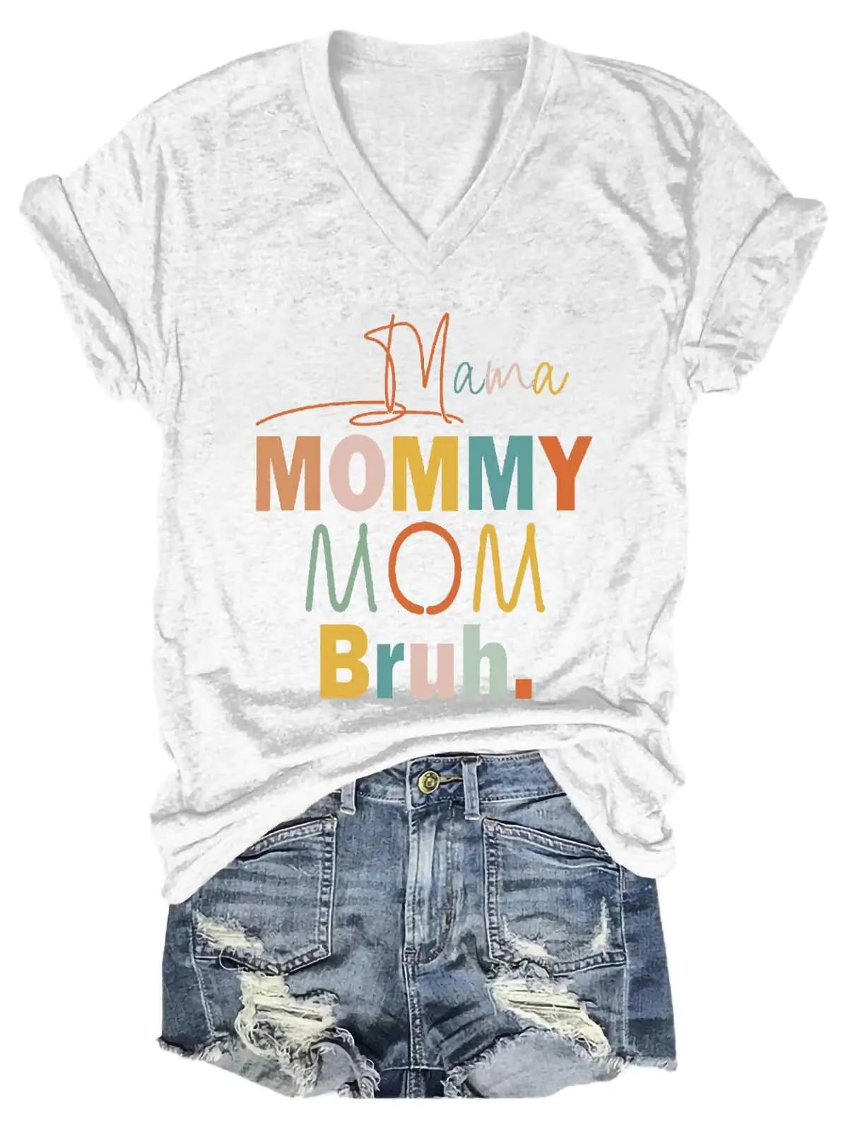 تي شيرت نسائي بفتحة رقبة على شكل حرف V مطبوع عليه Mama Mommy Mom Bruh