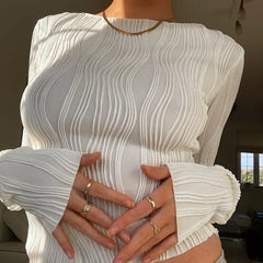 تي شيرت بأكمام طويلة كاجوال أبيض ضيق أسود أساسي