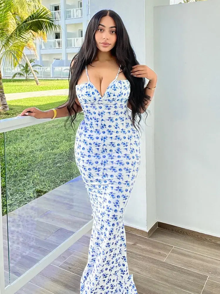 فستان نسائي طويل أنيق مزين بالزهور من Hugcitar