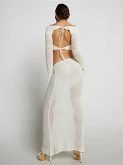 طقم تنورة مكون من قطعتين مع بلوزة قصيرة مجوفة وأكمام طويلة