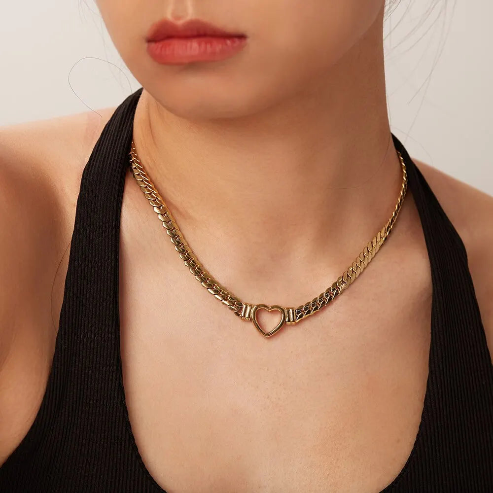 Women's Gold Plated Cuban Link Heart Necklace