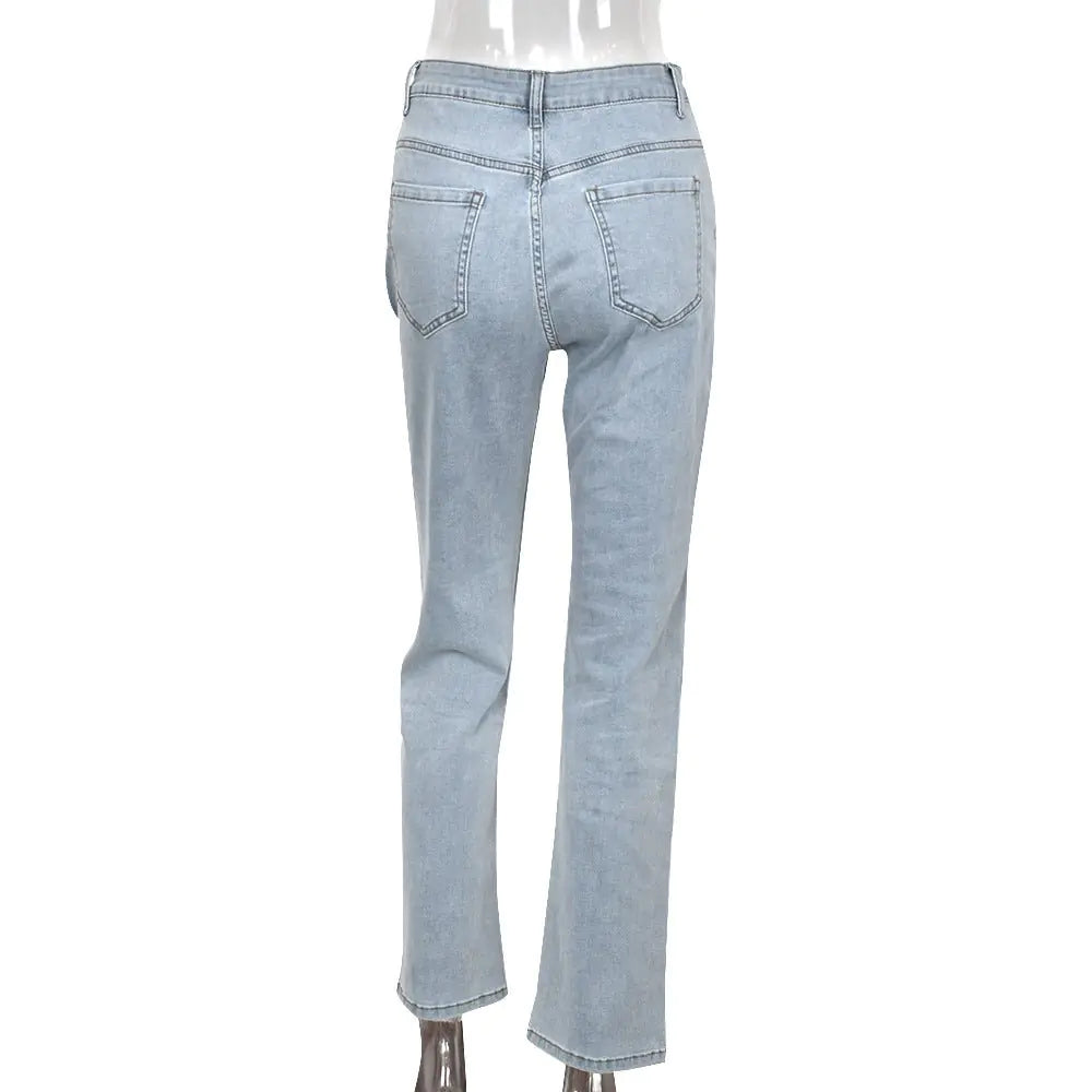 Embroidered High Waist Straight Leg Jeans