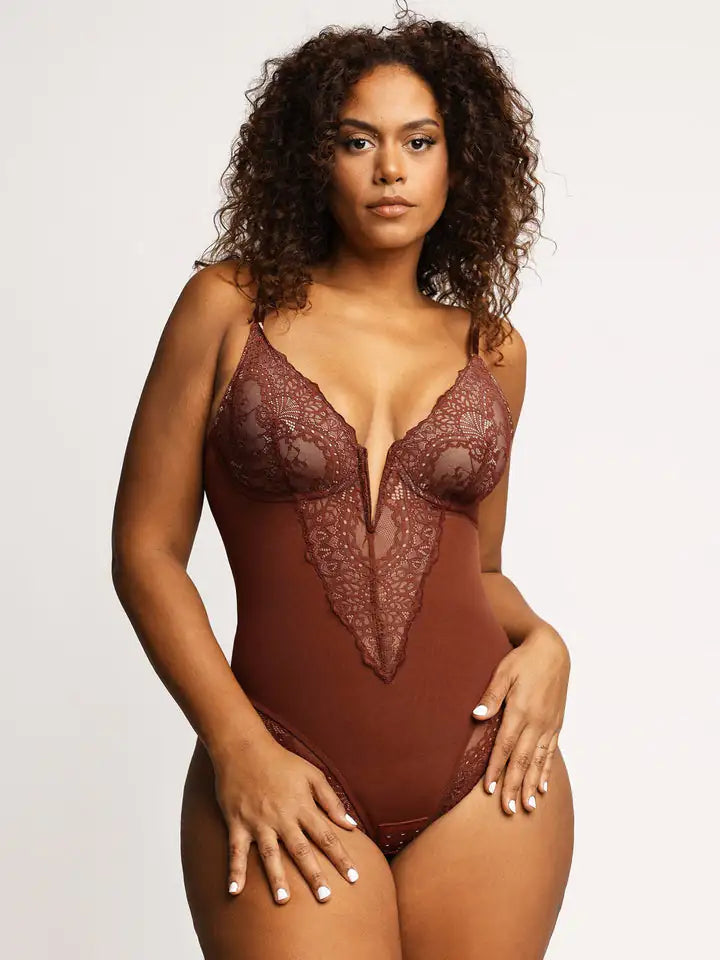 Deep V-Neck Lace Thong Bodysuit